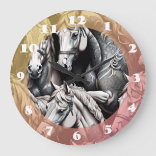 Horses Detailed Painting in Black& White Art  Large Clock