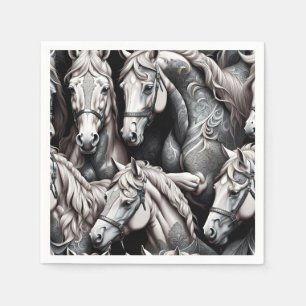 Horses Detailed Painting in Black& White Art Napkin