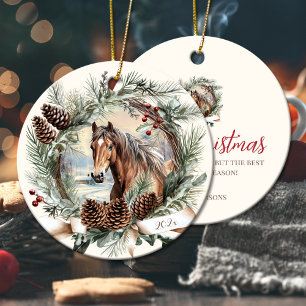 Horses farm animal Christmas pinecone wreath Ceramic Ornament