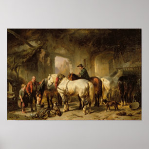Horses Feeding in the Stable Poster