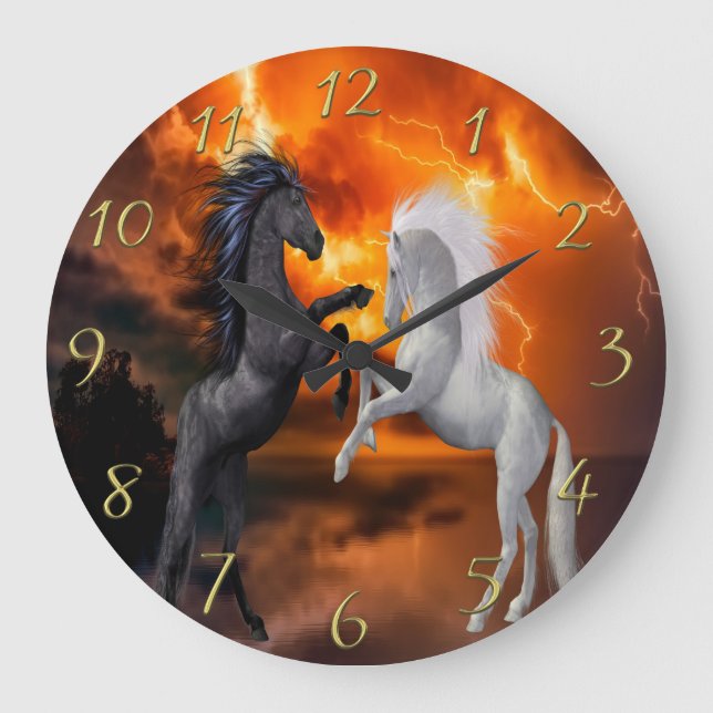 Horses fighting in a bad lightning storm 1 large clock (Front)