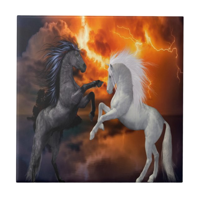 Horses fighting in a bad lightning storm ceramic tile (Front)