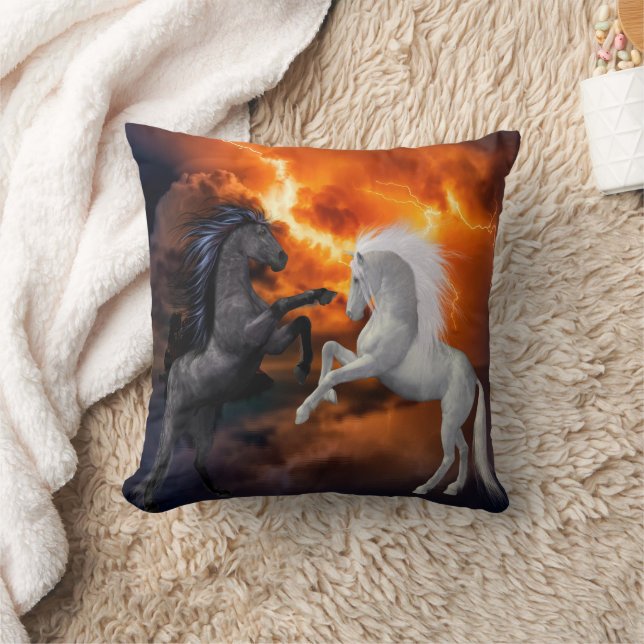 Horses fighting in a bad lightning storm cushion (Blanket)