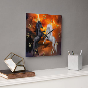 Horses fighting in a bad lightning storm square wall clock