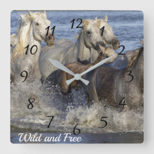 Horses galloping in the water square wall clock