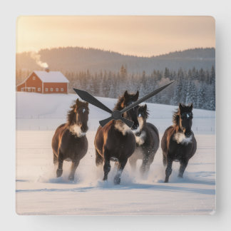 Horses galloping on a winter morning -  square wall clock