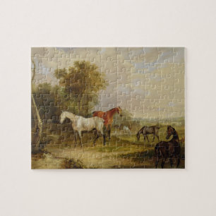 Horses Grazing: A Grey Stallion grazing with Mares Jigsaw Puzzle