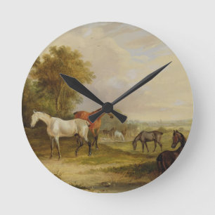 Horses Grazing: A Grey Stallion grazing with Mares Round Clock