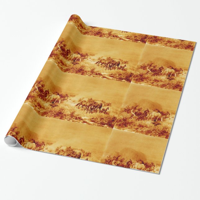 HORSES GRAZING ,Antique Brown Orange Yellow Wrapping Paper (Unrolled)