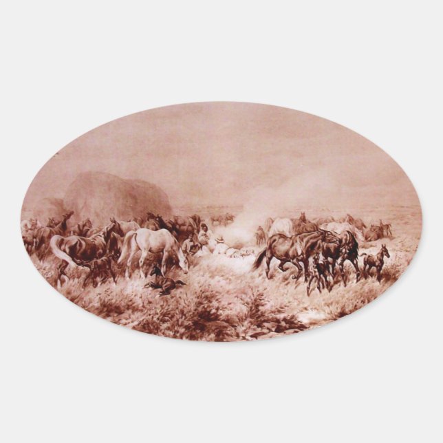 HORSES GRAZING ,Antique Brown Sepia Oval Oval Sticker (Front)