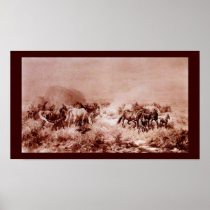 HORSES GRAZING Antique Brown ,Sepia Poster