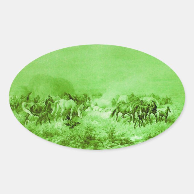 HORSES GRAZING ,Antique Light Green Oval Oval Sticker (Front)