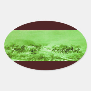HORSES GRAZING ,Antique Light Green Oval Oval Sticker