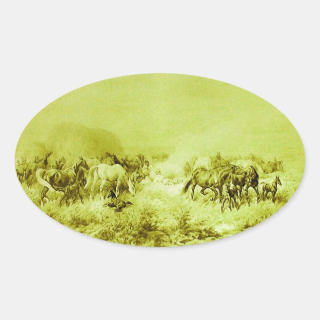 HORSES GRAZING ,Antique Olive Green Oval Oval Sticker (Front)