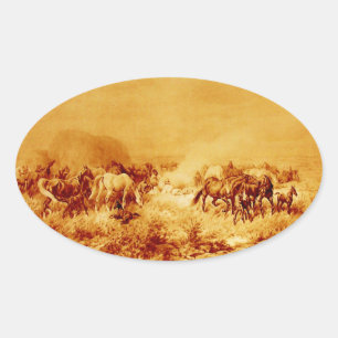 HORSES GRAZING ,Antique Orange Yellow Brown Oval Sticker
