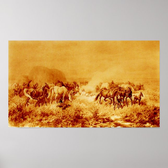 HORSES GRAZING Antique Orange Yellow Brown Sepia Poster (Front)