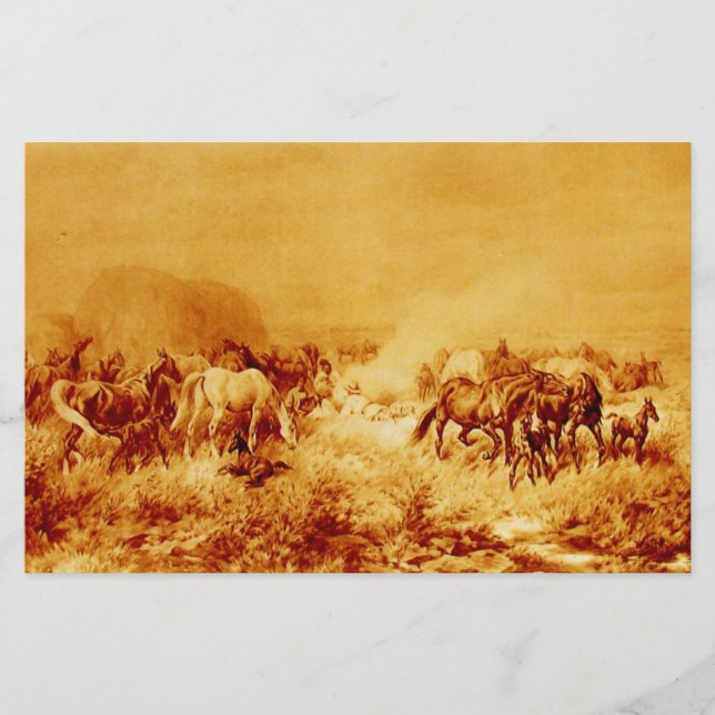 HORSES GRAZING Antique Orange Yellow Brown Sepia Stationery (Front)