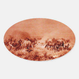 HORSES GRAZING ,Antique Red Brown Pink Oval Oval Sticker