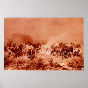 HORSES GRAZING Antique Red Brown Pink Poster