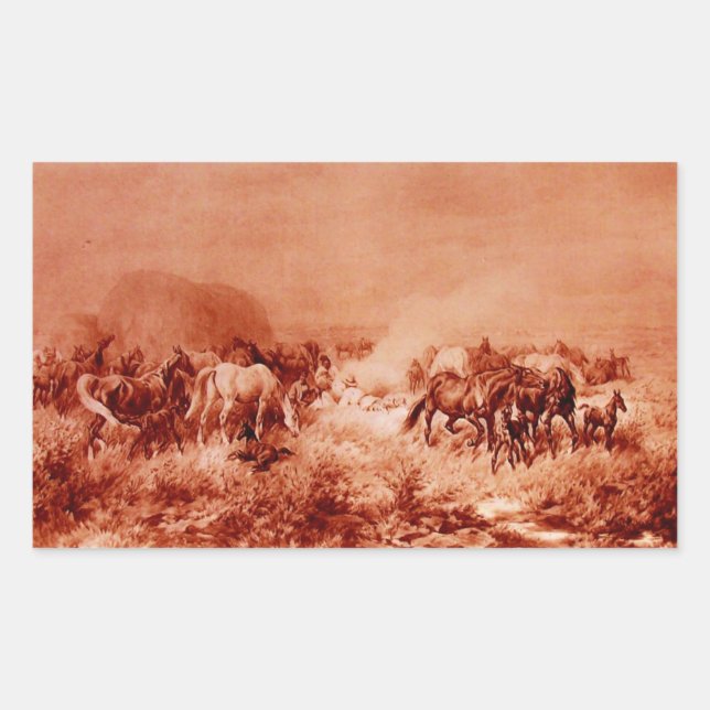 HORSES GRAZING ,Antique Red Brown Pink Rectangular Sticker (Front)