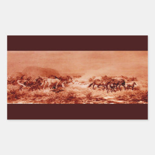HORSES GRAZING ,Antique Red Brown Pink Rectangular Sticker