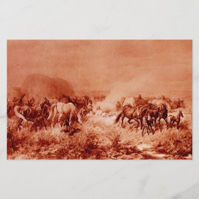 HORSES GRAZING Antique Red Brown Pink Stationery (Front)