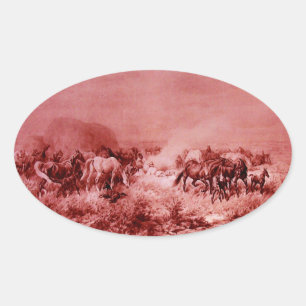 HORSES GRAZING ,Antique Red Pink Oval Sticker
