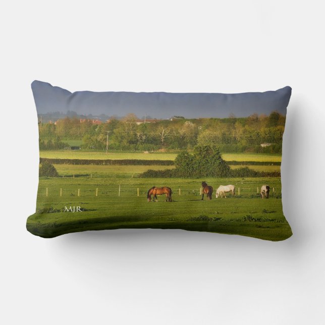 Horses grazing at Bower Hinton - Monogram Lumbar Cushion (Front)