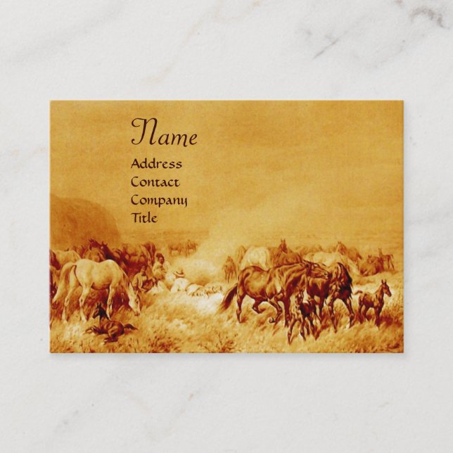 HORSES GRAZING , gold metallic, brown seppia Business Card (Front)
