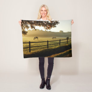 Horses Grazing in Sunrise Pasture Fleece Blanket