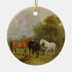 Horses Grazing: Mares and Foals in a Field (oil on Ceramic Tree Decoration