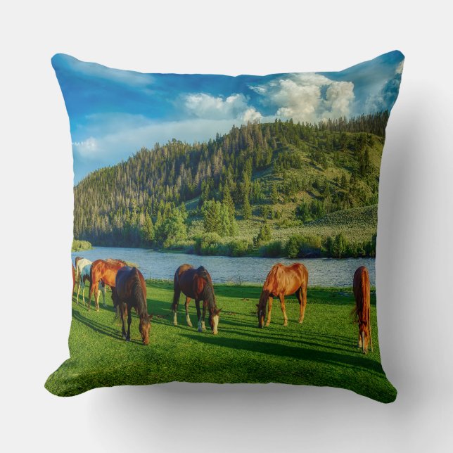 Horses Grazing Near A River And Mountain  Cushion (Front)