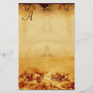 HORSES GRAZING PARCHMENT MONOGRAM brown sepia Stationery