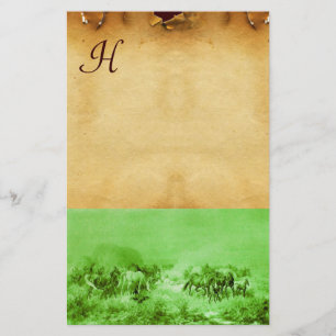 HORSES GRAZING PARCHMENT MONOGRAM Green Brown Stationery