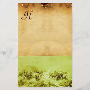 HORSES GRAZING PARCHMENT MONOGRAM Green Brown Stationery
