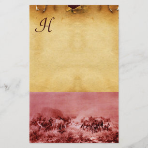 HORSES GRAZING PARCHMENT MONOGRAM Red Brown Stationery