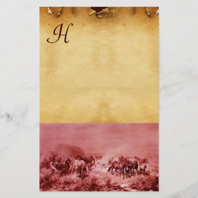 HORSES GRAZING PARCHMENT MONOGRAM Red Brown Stationery (Front)