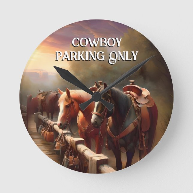 Horses Hitched "Cowboy Parking" Round Clock (Front)