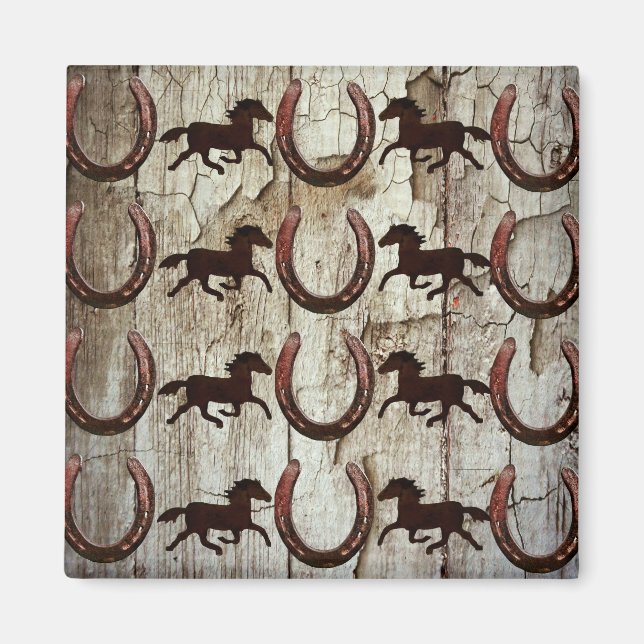 Horses Horseshoes on Barn Wood Cowboy Gifts Magnet (Front)