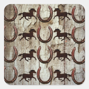 Horses Horseshoes on Barn Wood Cowboy Gifts Square Sticker