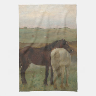 Horses in a Meadow, Oil Painting, Edgar Degas Tea Towel