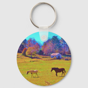 Horses in a Rainbow Coloured Field Key Ring