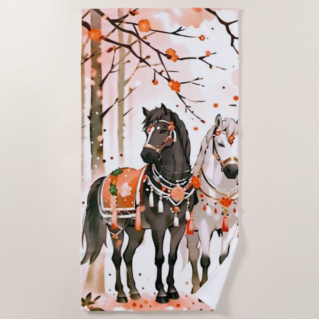 Horses in a Red Forest Beach Towel (Front)