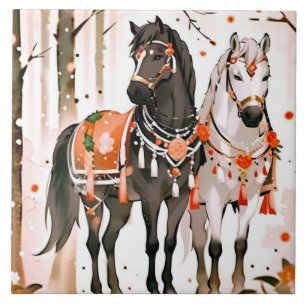 Horses in a Red Forest Ceramic Tile