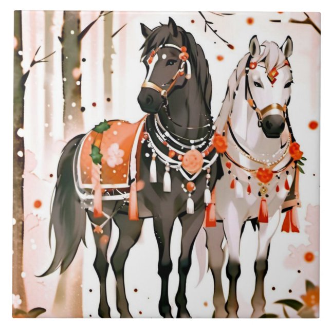 Horses in a Red Forest Ceramic Tile (Front)