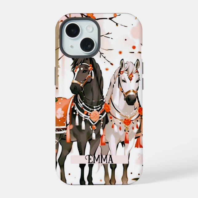 Horses in a Red Forest Custom Name iPhone 15 Case (Back)