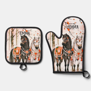 Horses in a Red Forest Custom Name Oven Mitt & Pot Holder Set