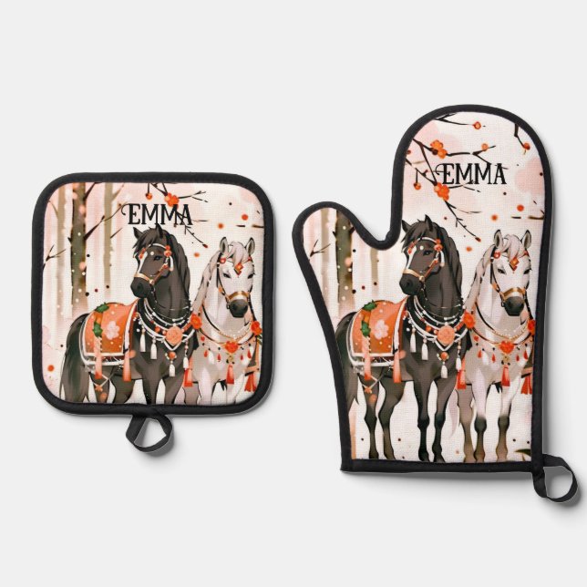 Horses in a Red Forest Custom Name Oven Mitt & Pot Holder Set (Front)