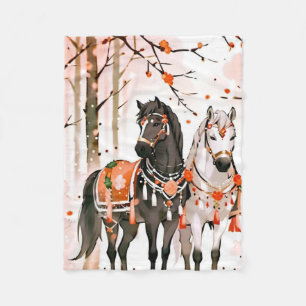 Horses in a Red Forest Fleece Blanket