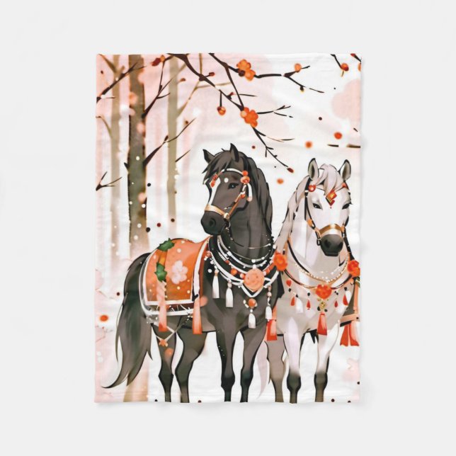 Horses in a Red Forest Fleece Blanket (Front)
